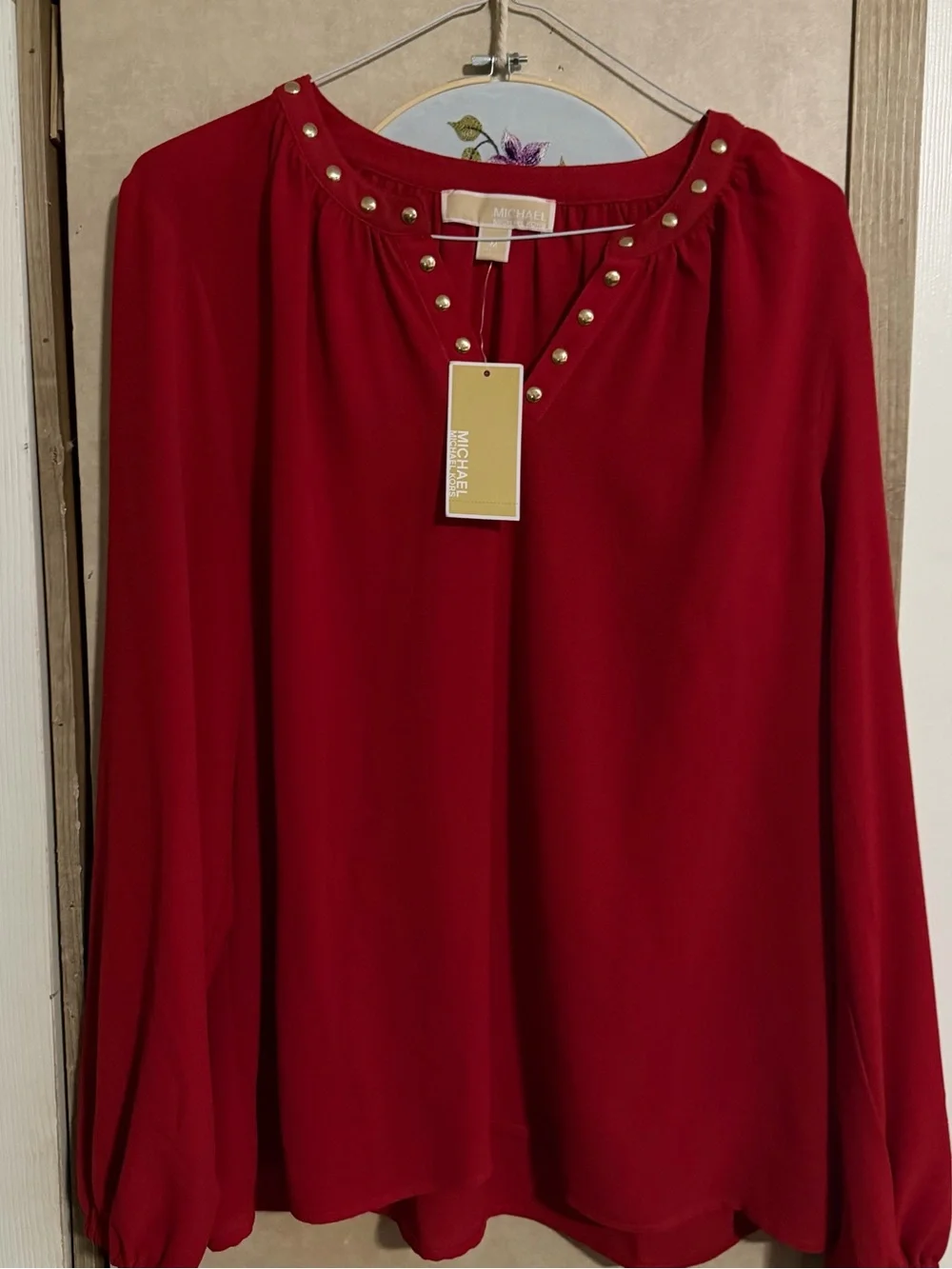 Michael Kors Red Pearl-Accent Long Sleeve Blouse